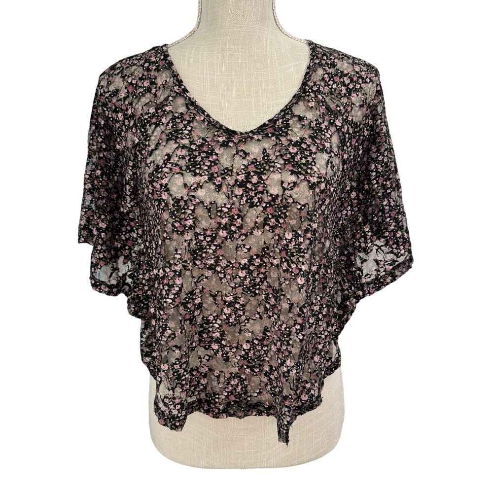 Kirra Top Womens XS Black Mesh Lace Ditsy Floral Stretch Sheer Oversized Blouse